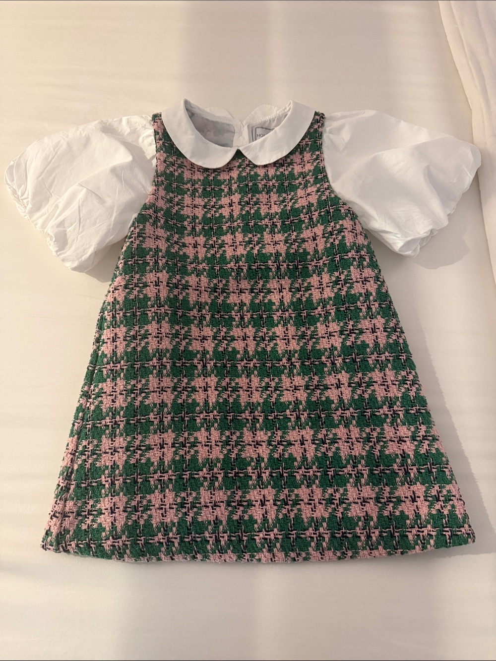 Green and Pink Tweed Girls' Dress with White Peter Pan Collar